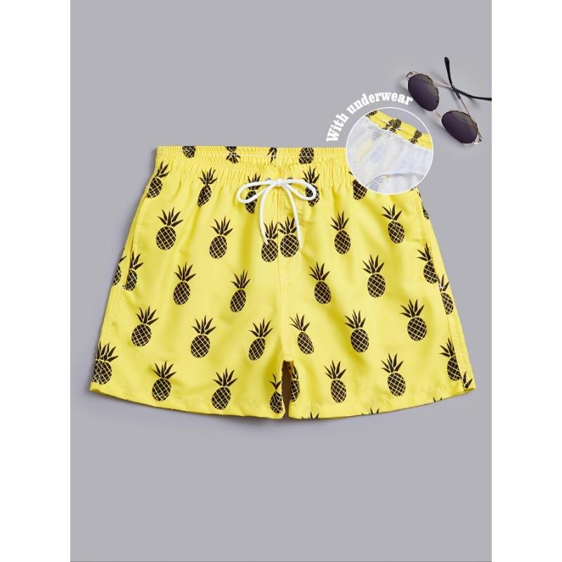 

Men s Pineapple Print Drawstring Side Pocket Outdoor Swimsuit Casual Board Shorts M