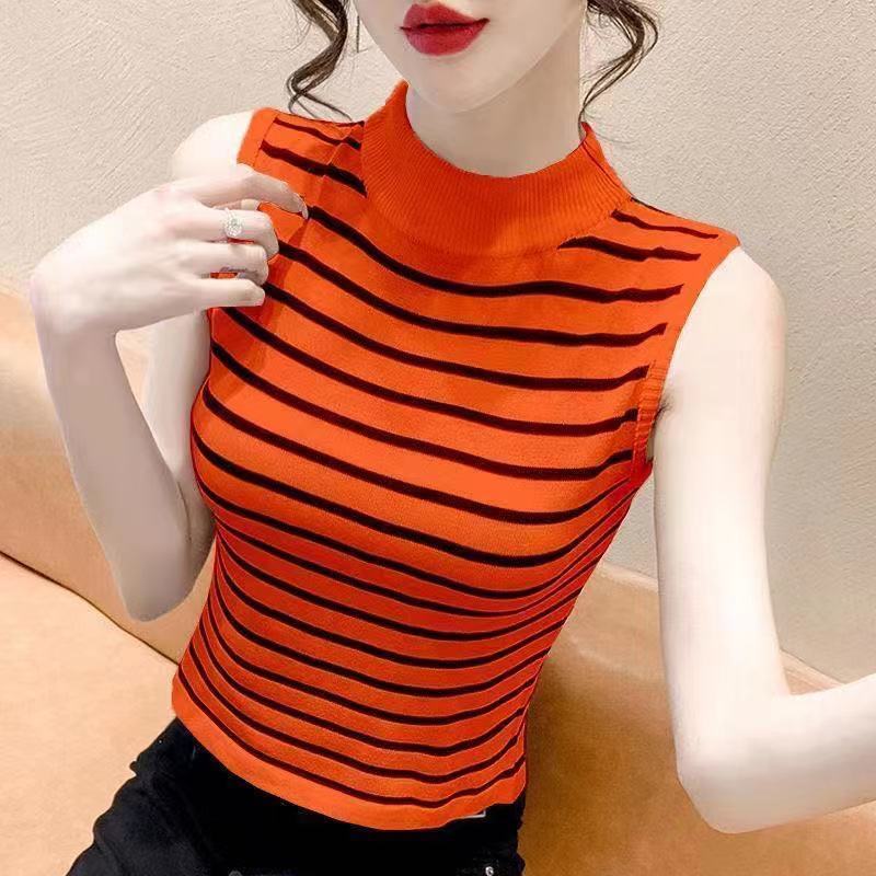 Women's Slim Short Half-high Neck Knitted Top Outerwear Layered Vest Sleeveless Small Striped