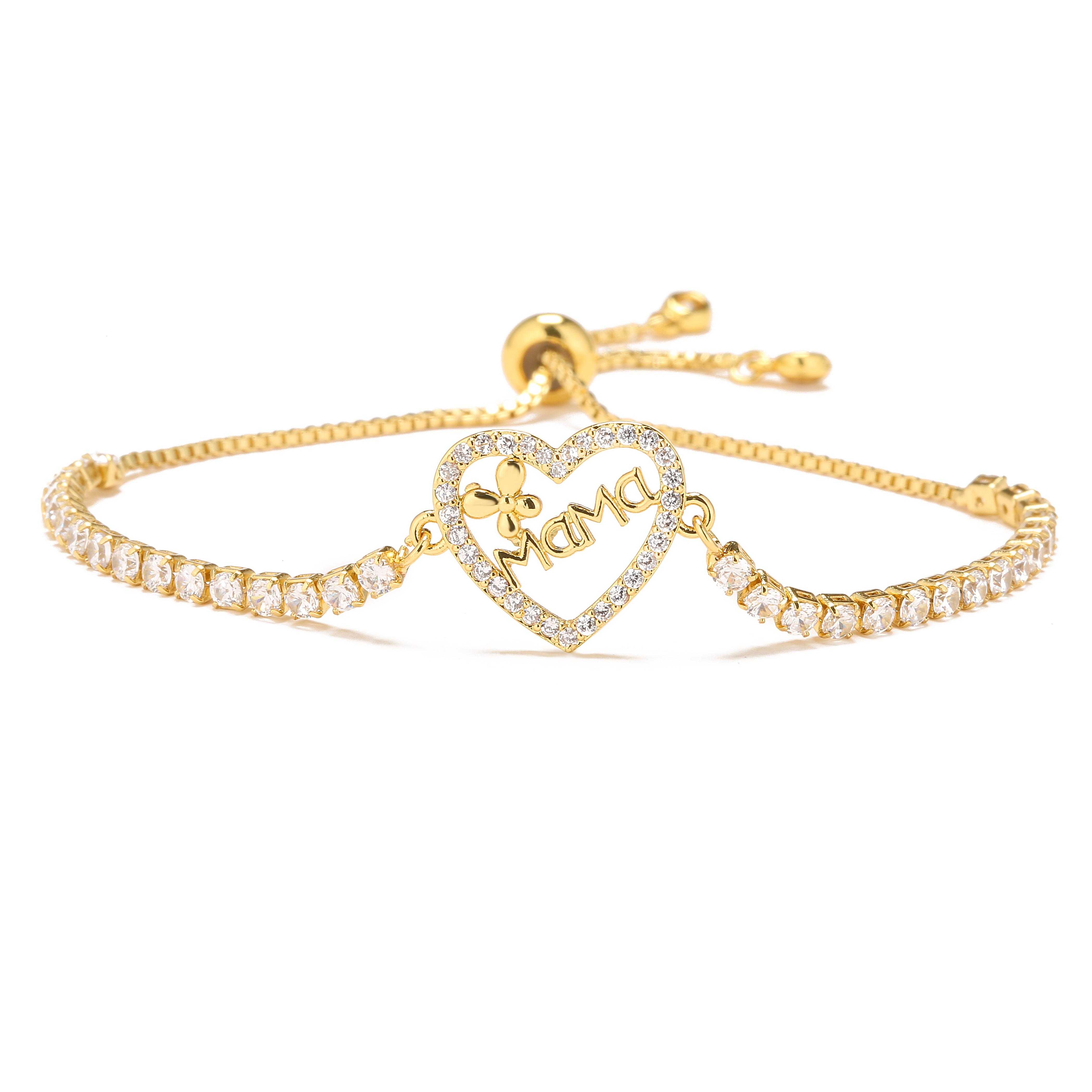 

HECHENG,Gold Color Mama Charm Bracelets For Women Adjustable Chain Length Luxury CZ Zircon Gift For Mom adjustable