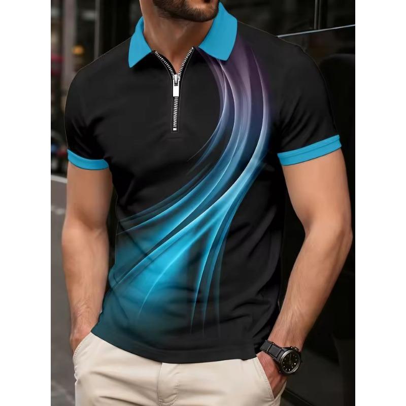 Fashion Men's Polo Shirts Casual Turn-Down Collar Zipper Golf Wear Ladder Print Short Sleeve Tee Shirt Men Polos Tops Clothing