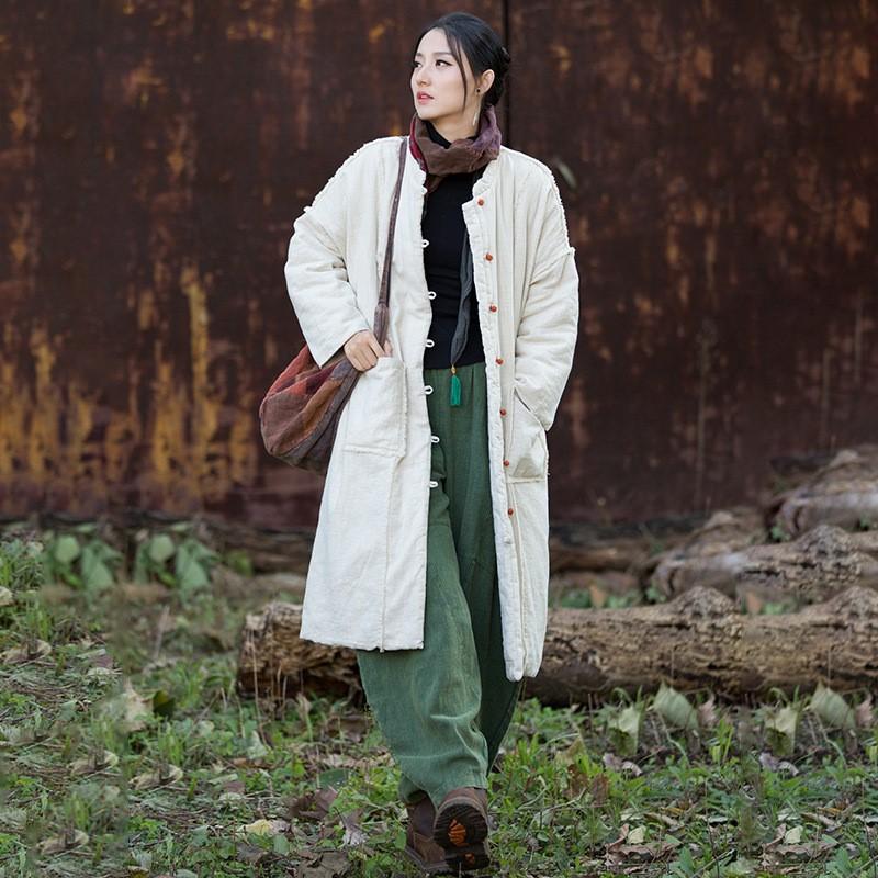 

Johnature Женские винтажные зимние пальто с длинным рукавом, теплые, на пуговицах, в китайском стиле, с карманами One Size бежевый