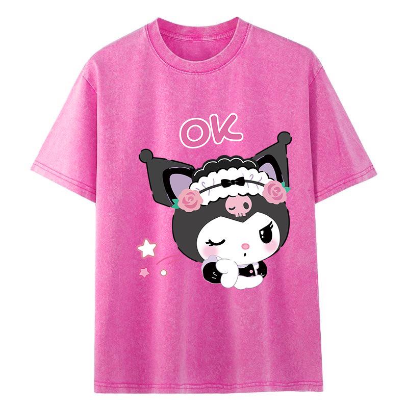 Women's Retro Washed Black Cotton T-Shirt - Distressed Letter Print, Short Sleeve, Loose Fit, Casual Summer Top