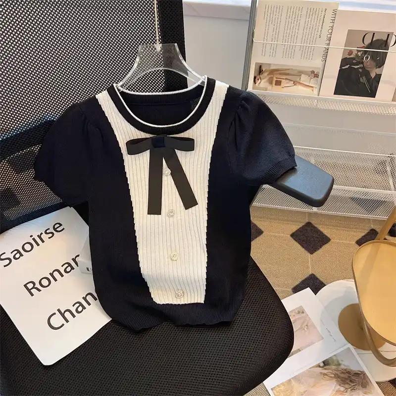 Womens Black and White Color Block Bow Short Sleeve Knit Top M