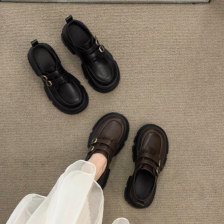 Brown Retro Small Leather Shoes Women's 2025 Spring and Summer New Versatile British Style Thick-soled Heightening One-pedal Loafers