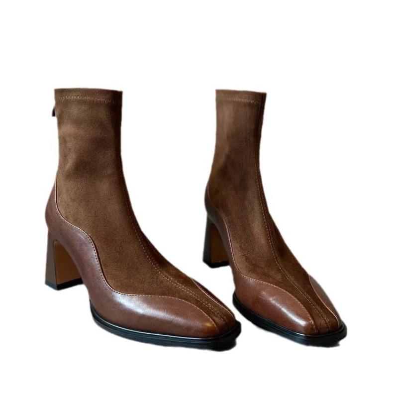 Women's New Winter Thick Heel Cotton Boots Square Head Splicing Suede Back Zipper Anti-slip Wear-resistant Short Boots