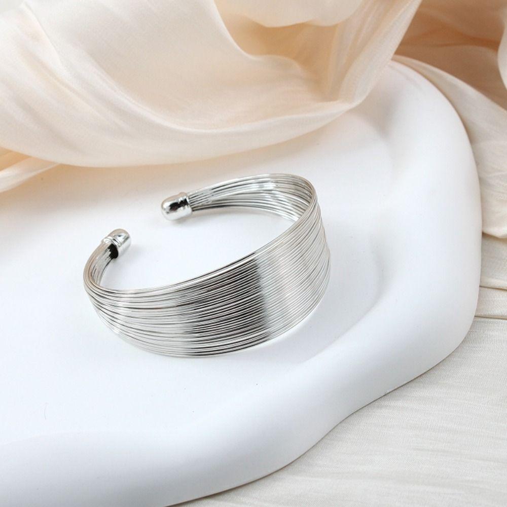 White Silver Pearl Bracelet Wire Drawing Exaggerated Bracelet Fashion Silver Metal Bracelet  Women