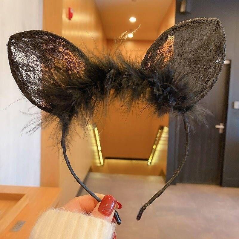 Cute Lace Ear Headband Women Face Wash Pressed Hair Rabbit Ears Cosplay Makeup and Hair Accessories чёрный