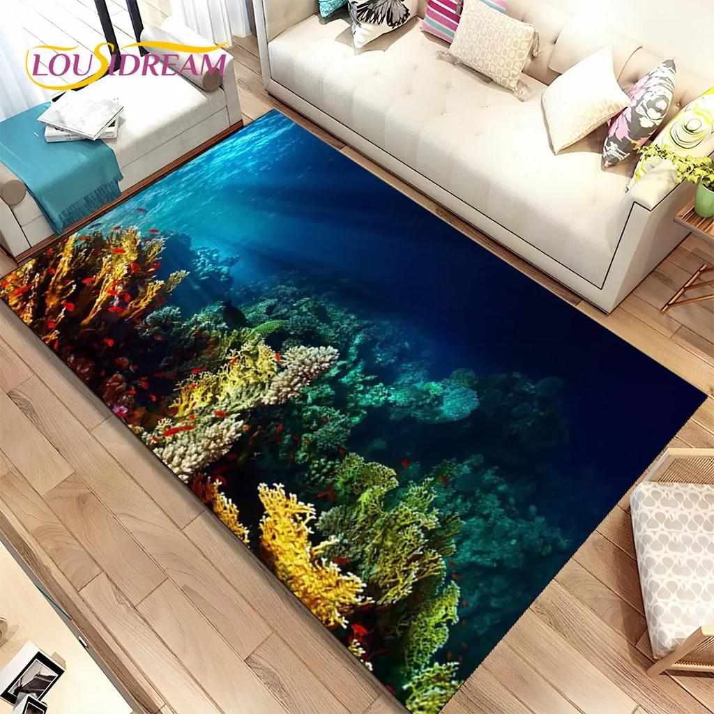 3D Seabed Underwater World Dolphin Turtle Area Rug,Carpet Rug for Living Room Bedroom Sofa Doormat,kids Play Non-slip Floor Mat