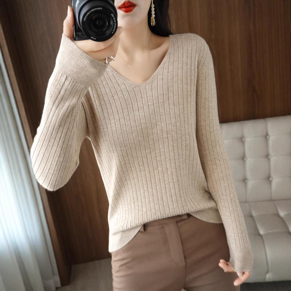 Herbst/Winter V-Ausschnitt Pullover Damen Gestreift Einfarbig Basis Pullover Koreanischer Slim Hoodie Innen Set Damen Warm Lässig Strickpullover