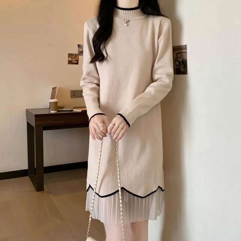 Women's Mid-length Knitted Dress for Autumn and Winter Solid Color Loose Sweater Dress