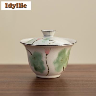 130ml Pulver Yin Handgezeichnete Lotusblume Gaiwan Traditionelle Teeterrine Teeschale mit Deckel Set Teezubereitung Deckelschale Cafés Handwerk