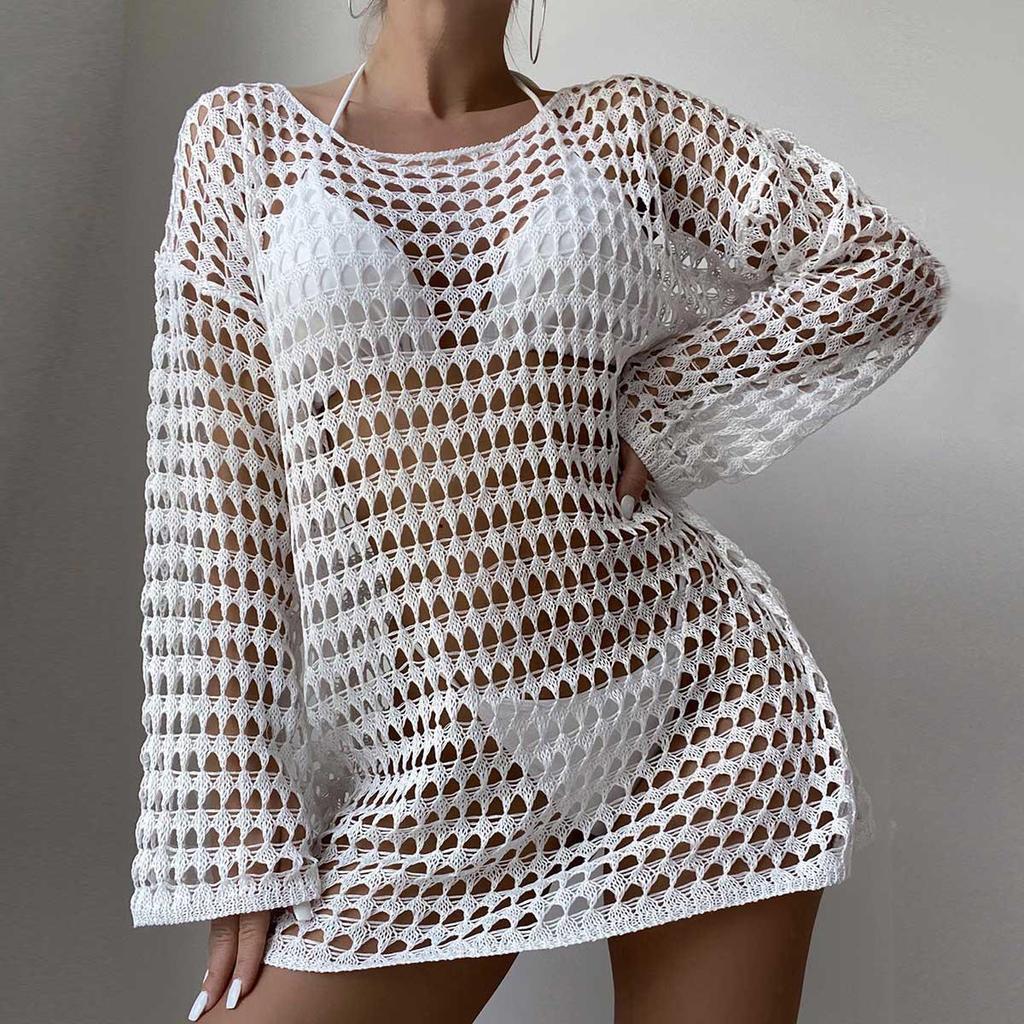 Europäisch-Amerikanischer Sexy Strick-Hollow-Pullover: Damen Langarm Rundhals Bikini Cover-Up für den Sommer