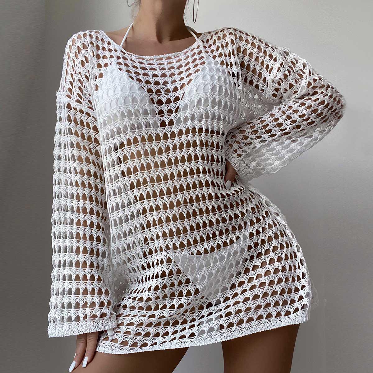 

Европейско-американский сексуальный вязаный пуловер с прорезями: Женская туника с длинным рукавом и круглым вырезом для лета L белый