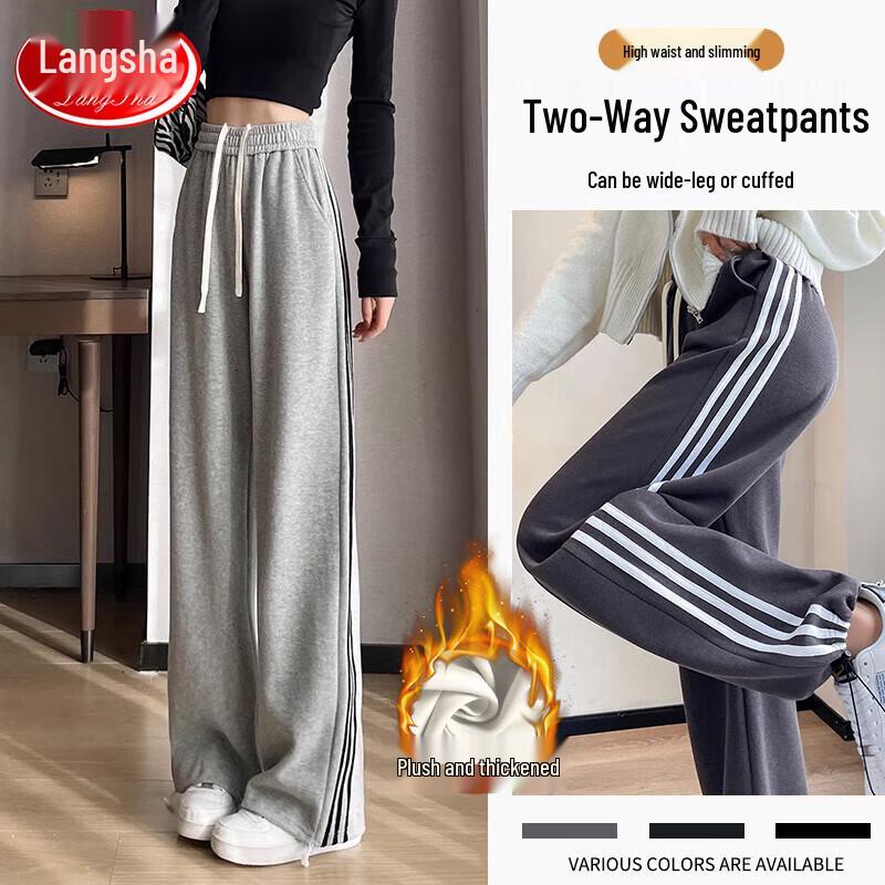 LANGSHA Calças Jogger Femininas de Mistura de Algodão com 3 Riscas e Cintura Alta com Cordão