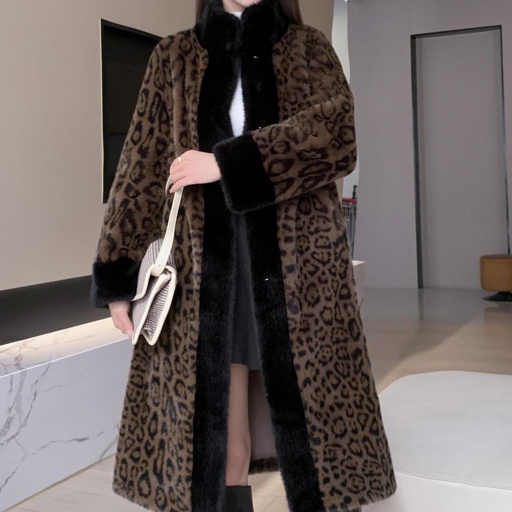Elegant Long Leopard Print Coat Winter Thickened Mink Fur Jacket Fashionable Outerwear