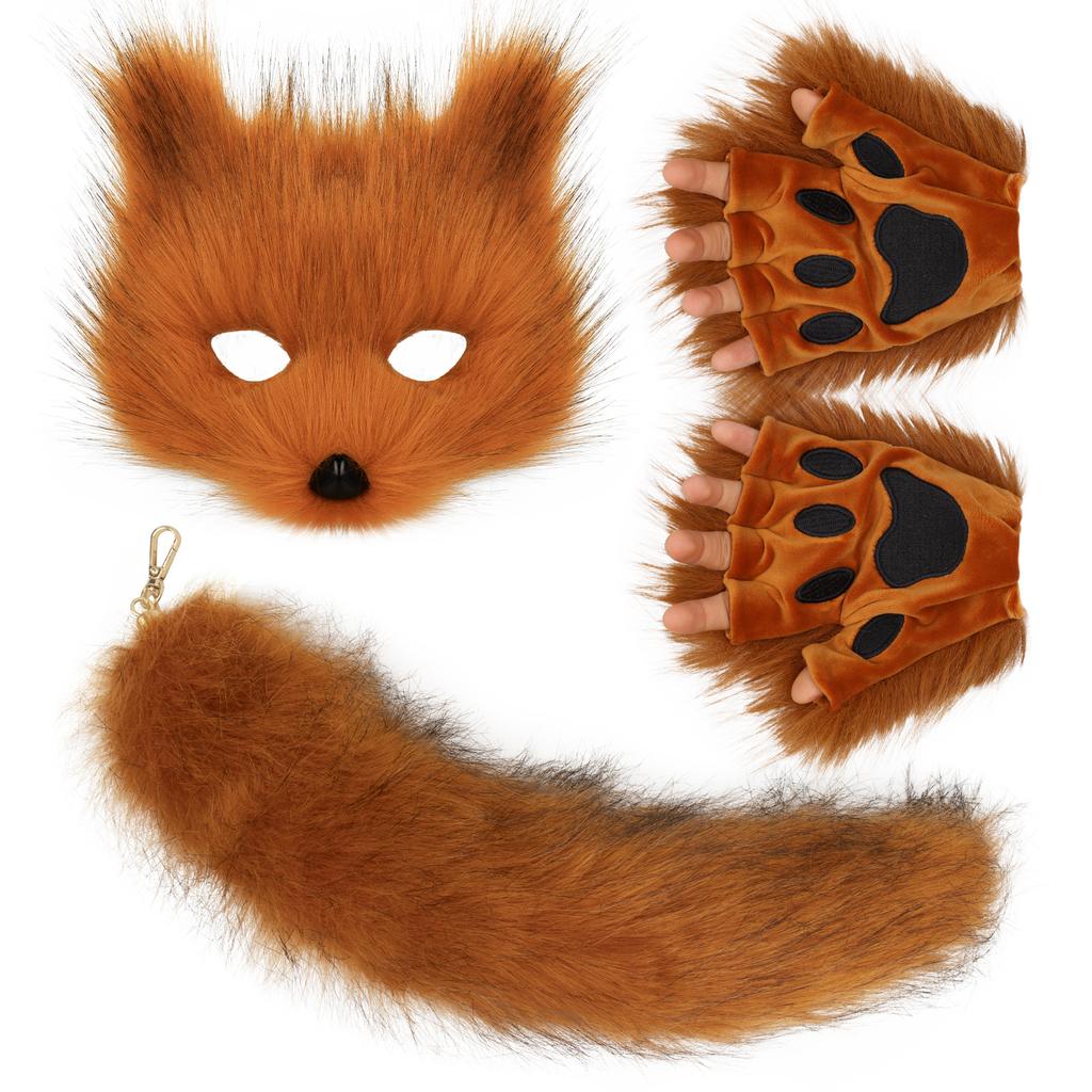 Nadýchaná kožešina Fox Tail Keychain Cat Tlaps Rukavice a Wolf Therian Mask Sada pro Halloween Cosplay kostýmní doplňky
