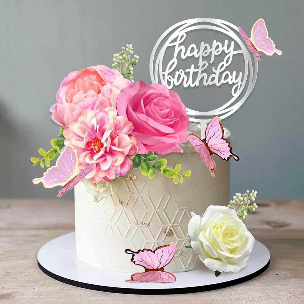 Flower Cake Toppers with Butterfly Happy Birthday and Artificial  Rose Flowers Eucalyptus Butterflies for Birthday Wedding