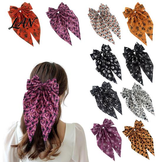 Bow Hairpin for Halloween Spring Hair Clips Women, Pumpkin Skeleton Ghost Hand Printed Festive Accessory Fabric Barrettes, Cute Horror Accessories