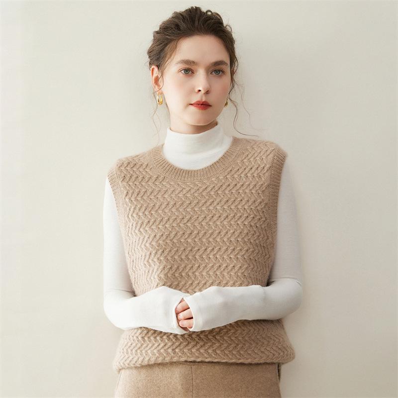 2025 Fall/Winter Women's Round Neck Cashmere Knit Crochet Vest - Loose Pullover Layering Shrug