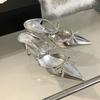 Advanced Sense ~! Silver Patent Leather Rhinestone Bow Pointy Half Slippers For Women With Fine Heels And High Heels