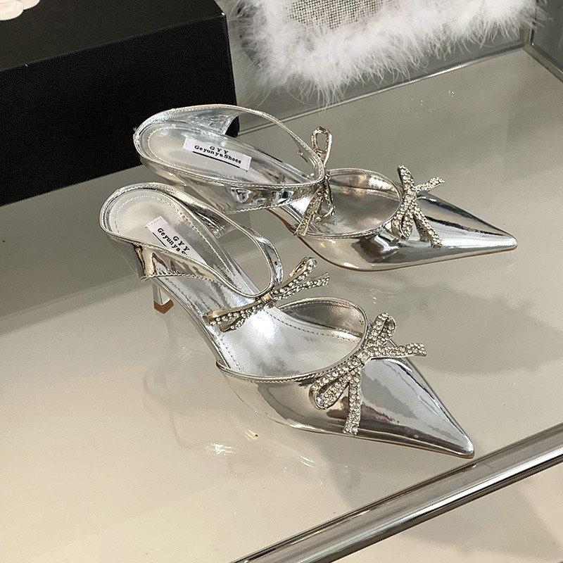 Advanced Sense ~! Silver Patent Leather Rhinestone Bow Pointy Half Slippers For Women With Fine Heels And High Heels