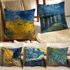 V-Van Gogh Ölgemälde Druck Kissenbezug Milbenschutz Kissenbezug Verdeckter Reißverschluss Seidiger Kurzer Plüsch Sofakissenbezug