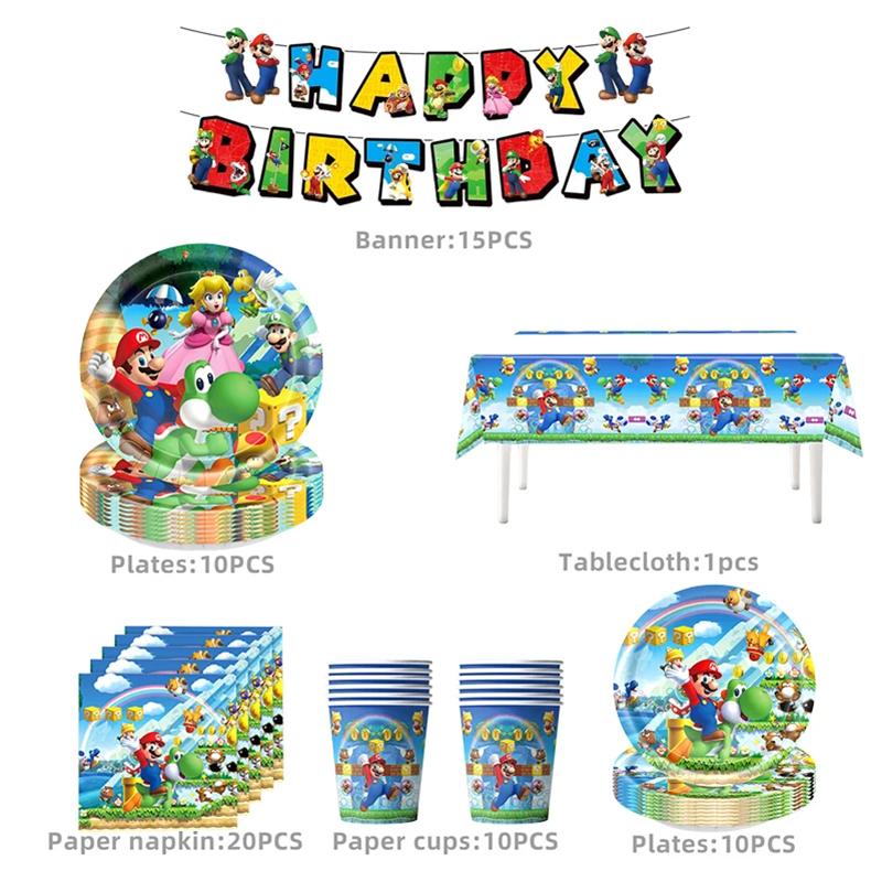 Anime Cartoon Mario Birthday Party Decoration, Super Mario Bros Disposable Tableware Tablecloth Banner Napkin Party Supplies
