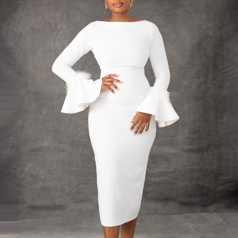 Women's Hip-Wrap Flare Sleeve Party Dress - New Fashion Solid Color OL Style