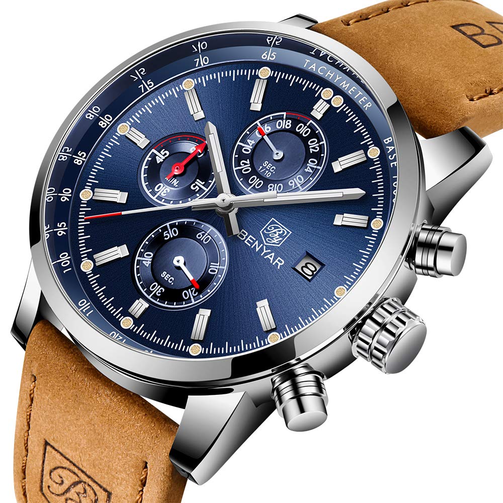 AKNIGHT Watch Genuine Leather Crystal Luminous Date Japanese Instruction Manual Men's - Stylish, Popular, Quartz, Strap, Chronograph, Display,