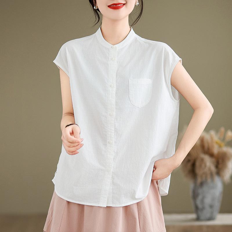 Pink cotton shirt women's new product in summer 2025 literary and simple round neck bag sleeve solid color cardigan top