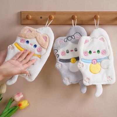 Hanging Cartoon Cute Lucky Cat Hand Towel - Kids' Thick Coral Fleece for Kitchen/Bathroom