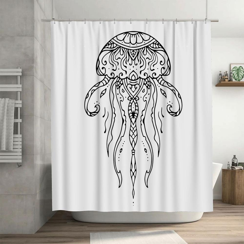 Black And White Jellyfish Shower Curtain Unique Printed Home Decor For Bathroom Size 180X240Cm