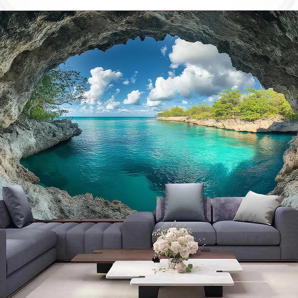HD-Extra Large Coastal Scene Tape for wall hanging, seascape sky art, for living room, blue ocean home interior decoration