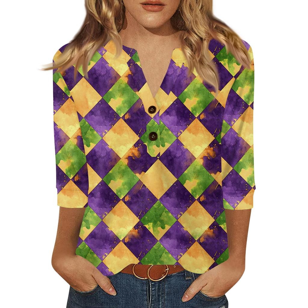 Women's Carnival Printed Fashionable Casual V-neck Button Seven Inch Sleeve T-shirt Top