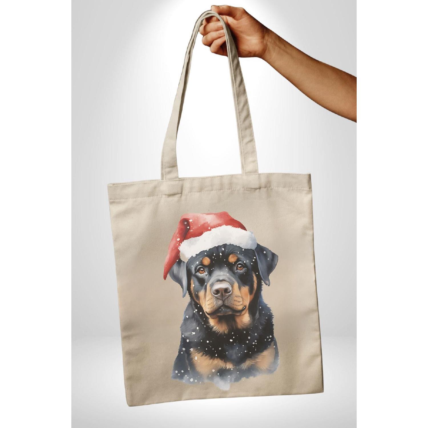 

Новогодняя рождественская сумка с ротвейлером 35x40 для женщин, мужчин и детей из необработанной ткани Standart белый