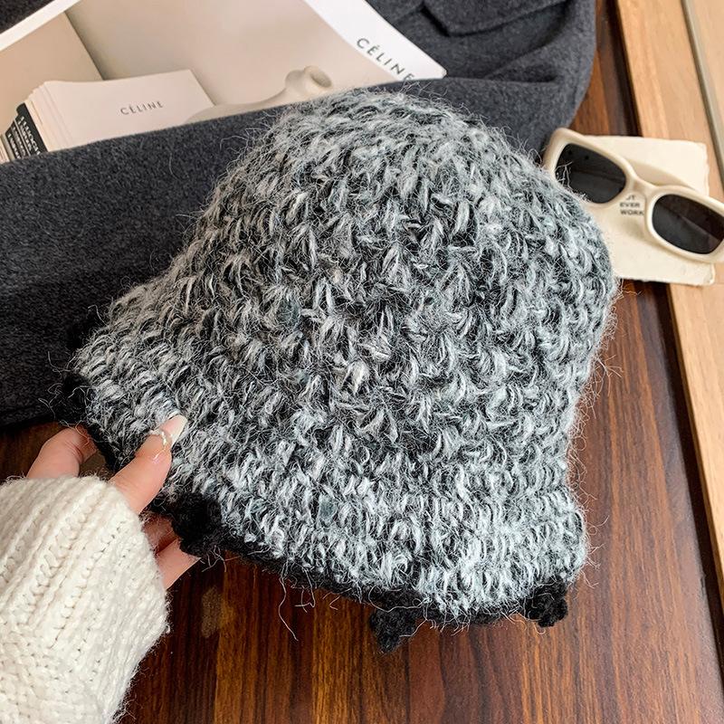 Handwoven blue flower bucket hat women's autumn and winter sweet versatile atmosphere knitted hat warm wool hat