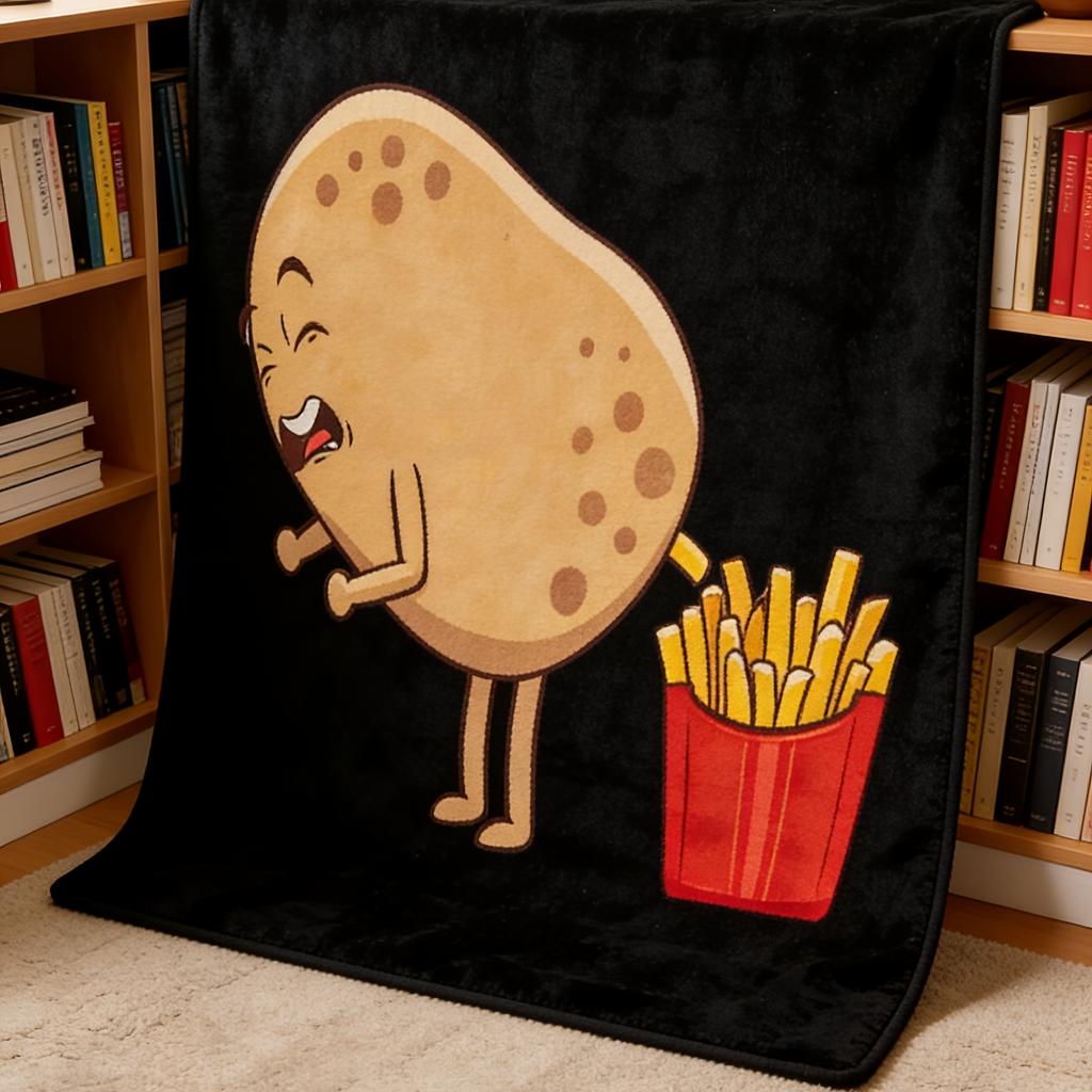Cartoon French Fries Potato Reversible Flannel Blanket Digital Print All Season Machine Washable Shawl Holiday Gift