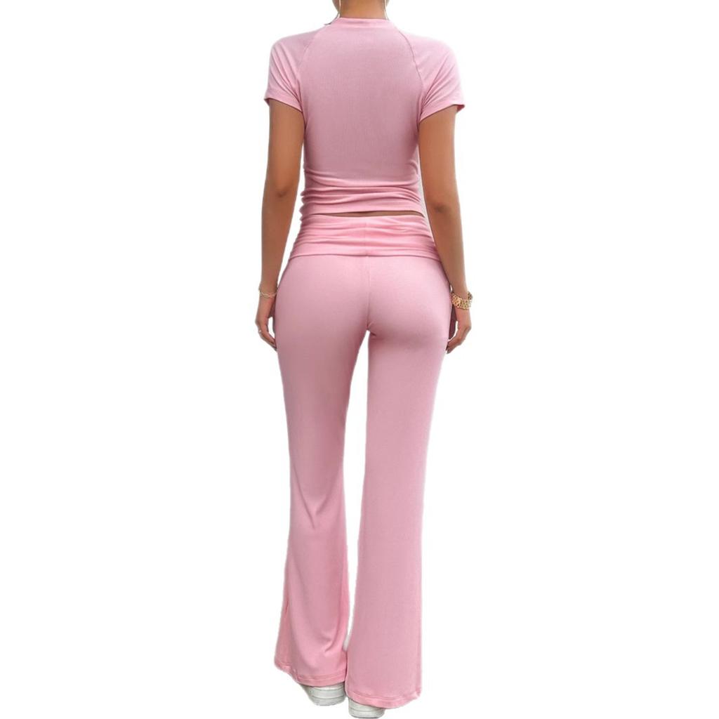 Women's Spring and Summer Yoga Sports Style Pure Color Short-sleeved Wide-leg Pant Suit