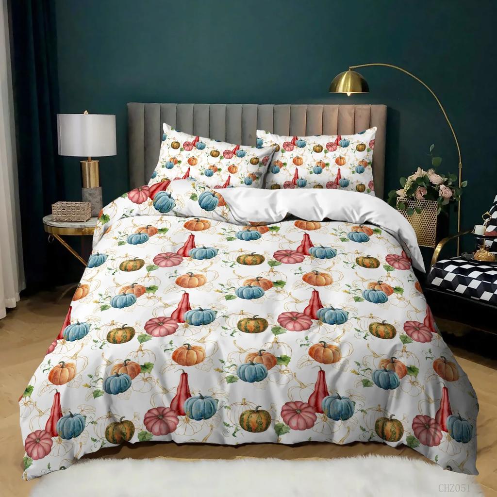 Pumpkin Duvet Cover Set Pumpkin Harvesting Holiday Halloween Thanksgiving Theme Bedding Set Microfiber Queen Size Quilt Cover
