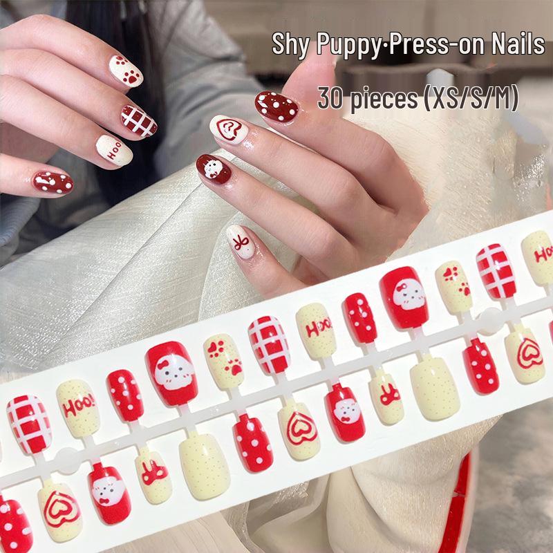 

Red Polka Dot Dog Press-On Nails - Cute Cartoon Xiaohongshu Style YM848 Shy Dog [30 pieces/strip]