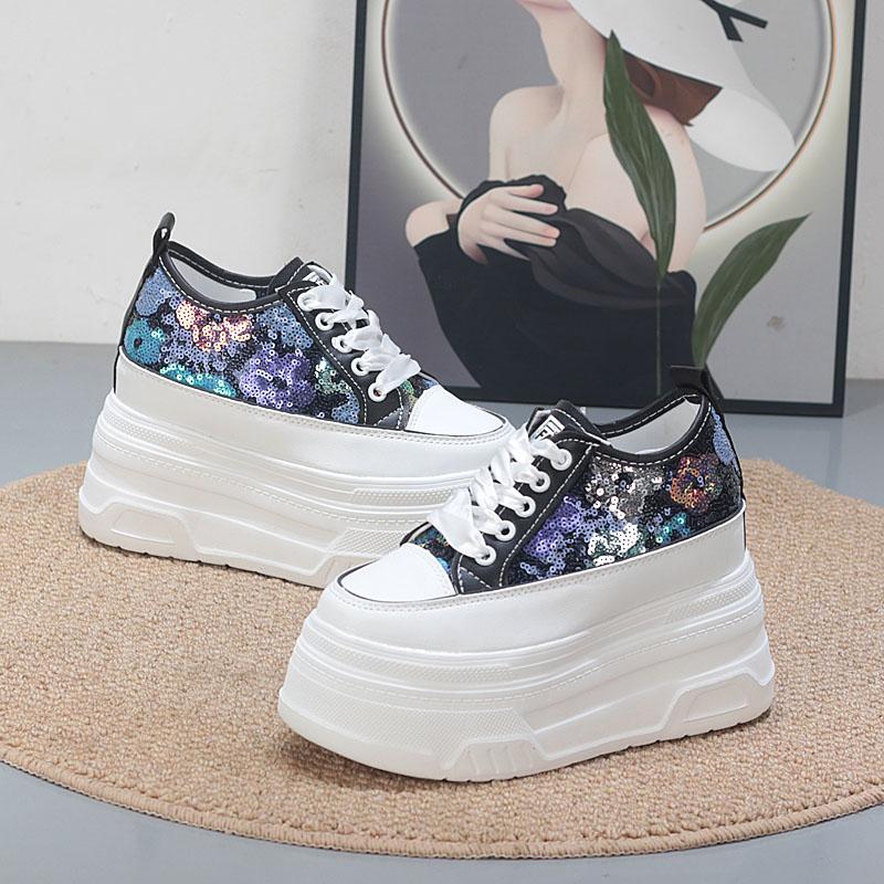 Fashion 10CM Air Mesh Microfiber Leather Fashion Summer Chunky Sneaker Lace Up High Brand Comfy Booties Bling Shoes Women