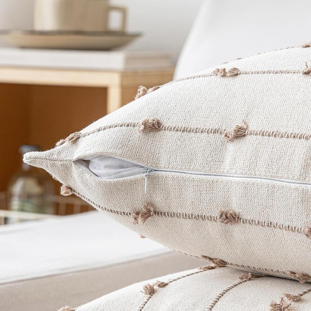 Boho Throw Pillow Covers 18x18 Set of 2 Modern Farmhouse Decorative Cushion Case Tufted Square Pillows Cover Neutral Pillow Cases Accent Pillowcase