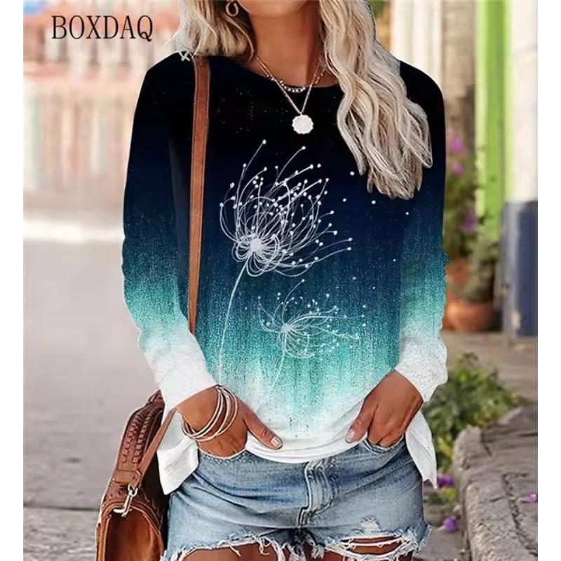 Löwenzahn Muster Damen T-Shirts Frühling Herbst Langarm 3D Pflanzen&Blumen Druck Street Gradient Damen T-Shirts 5XL Übergröße Top