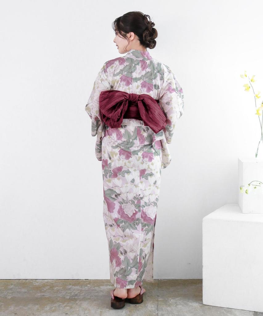 Yukata Textured Natural Set Heiko Geta Waist A Free [KYOETSU] Set, Weave, White, 6-Piece (Yukata, Obi, Undergarment, Sandals, Cord), Women's (Rose