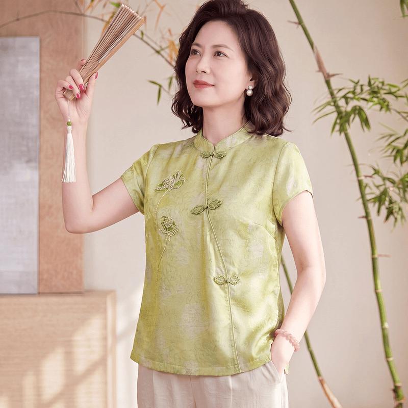 Women s New Chinese Style Embroidered Stand Collar Summer Top XL