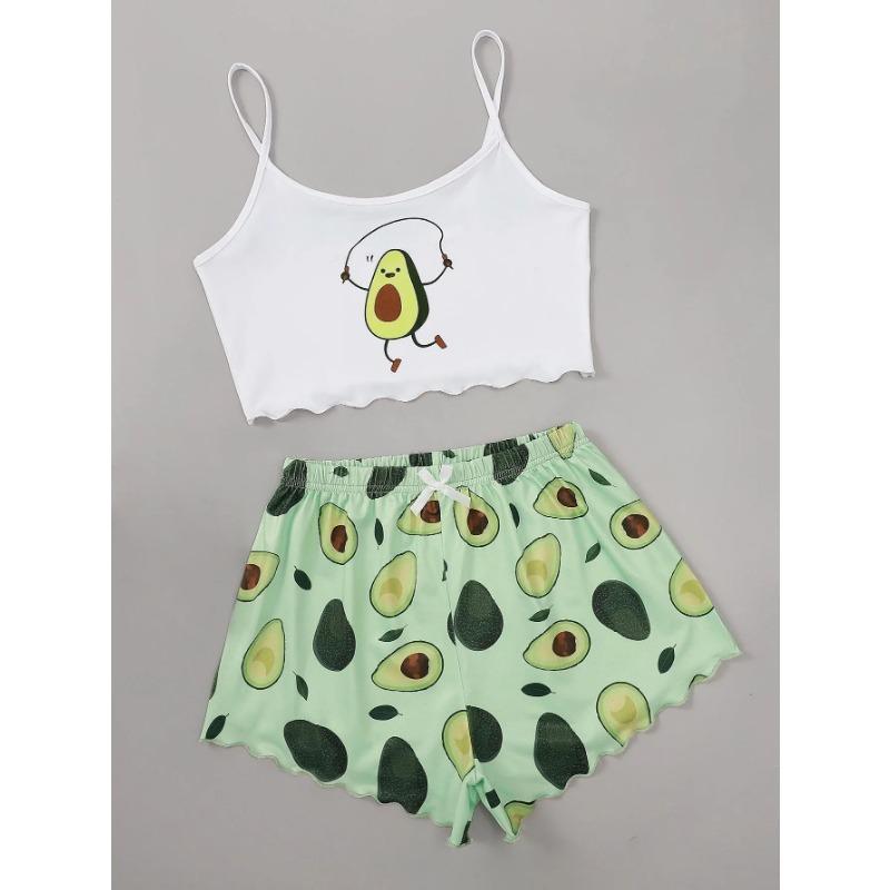 Letní pyžamový set pro ženy Avokádový potisk Tílko se šortkami Ležérní Sexy prádlo Noční košilka Domácí oblečení Spací oděv Spodní prádlo