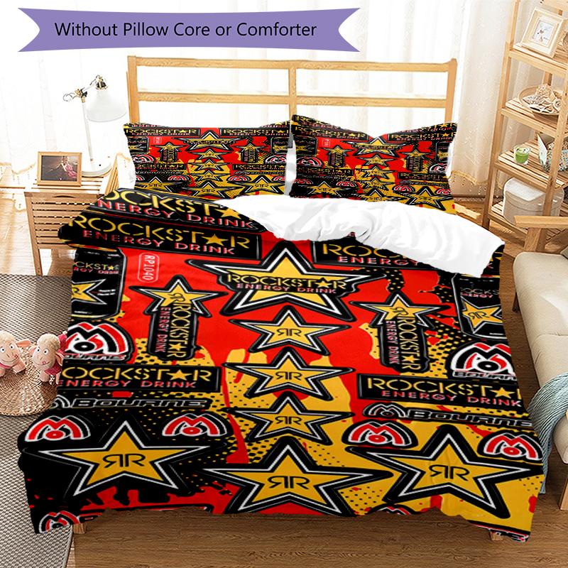 3pcs Rockstar logo pattern bedding set duvet cover set includes duvet cover &pillowcases, perfect all season bedroom decoration & gift