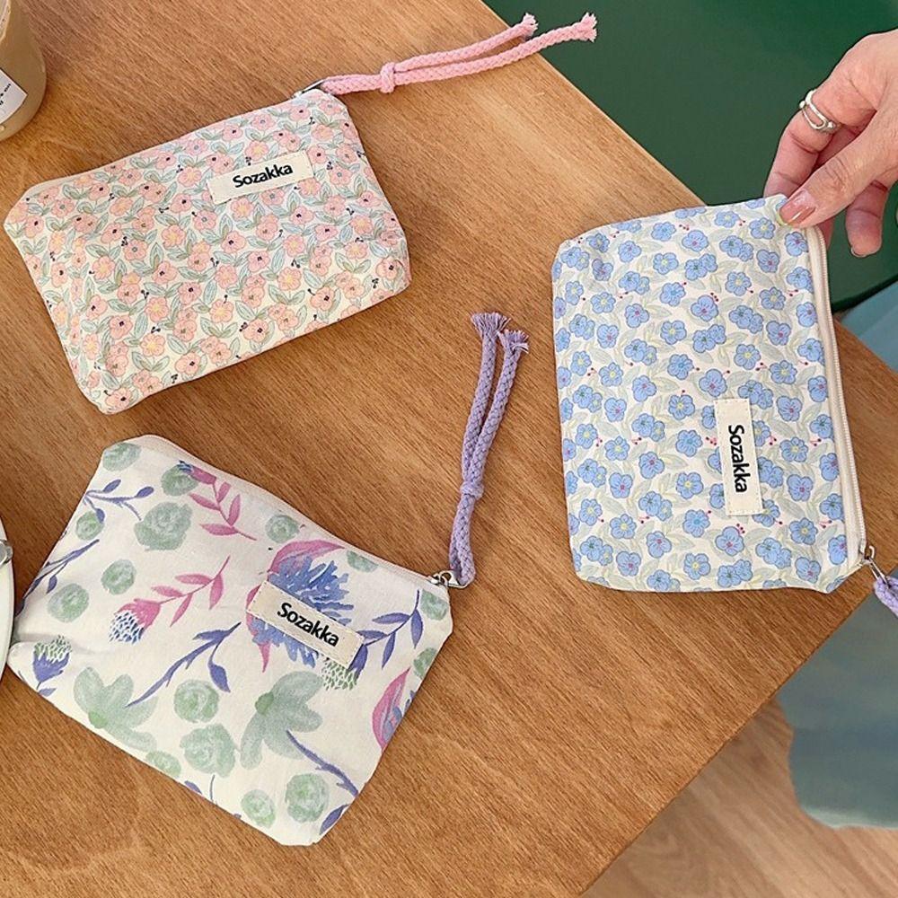 

Canvas Cosmetic Bag Small Flowers Printing Storage Pouch Cute Women Handbag A