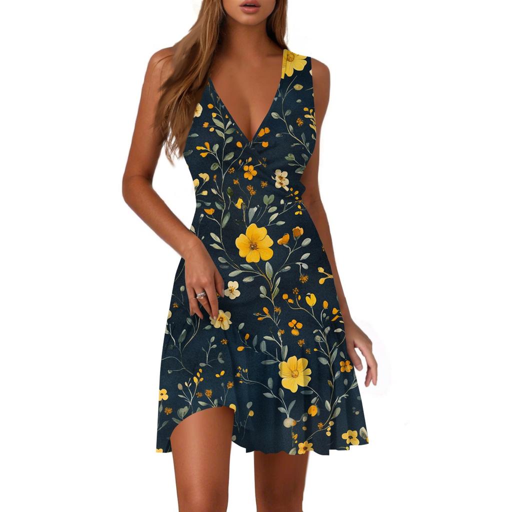 Ladies Casual Fashion V-Neck Sleeveless  Print Dress