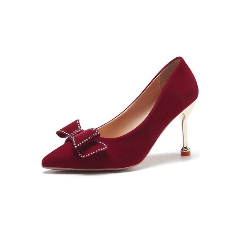 Women's Spring and Autumn New Red Rhinestone Bow Large Wedding Shoes Pointed Comfortable Shallow Mouth High Heels